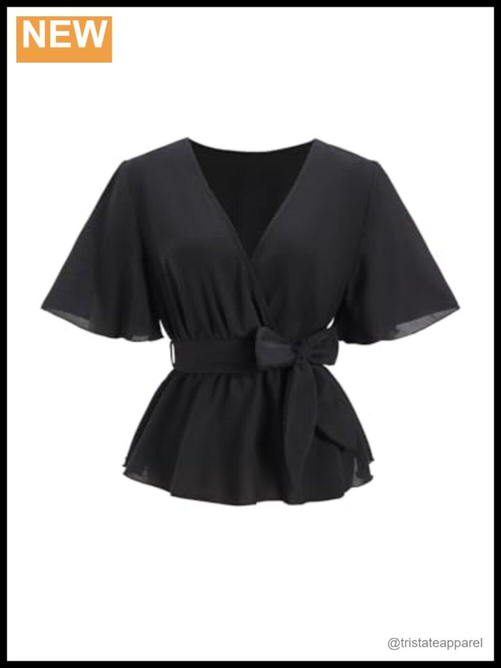 Women's Wrap V-Neck Peplum Belted Half Sleeve Blouse, Ruffle Hem, Office Wear